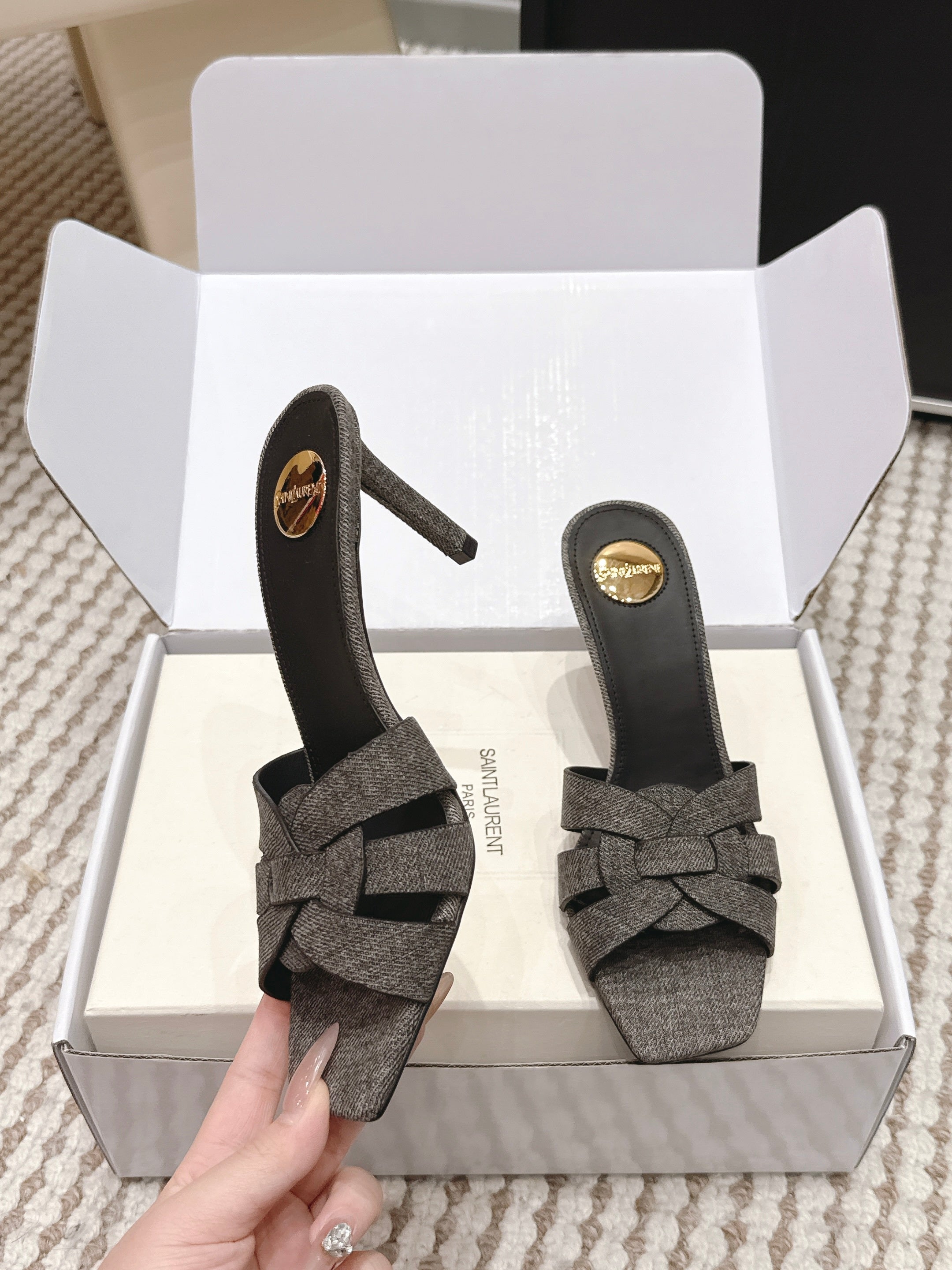 YSL 26ss High-Heeled Slippers 75  Dark Gray Canvas Calfskin 654748