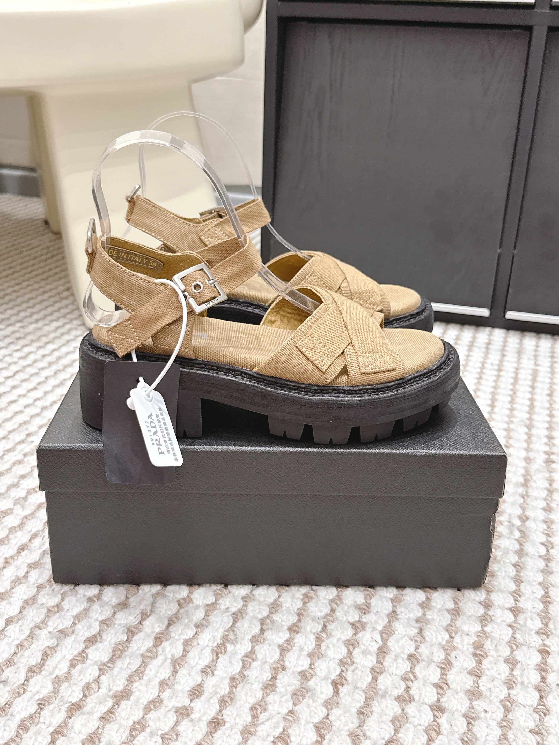 PRA 2026S Platform Sandals Beige Black Canvas 657526
