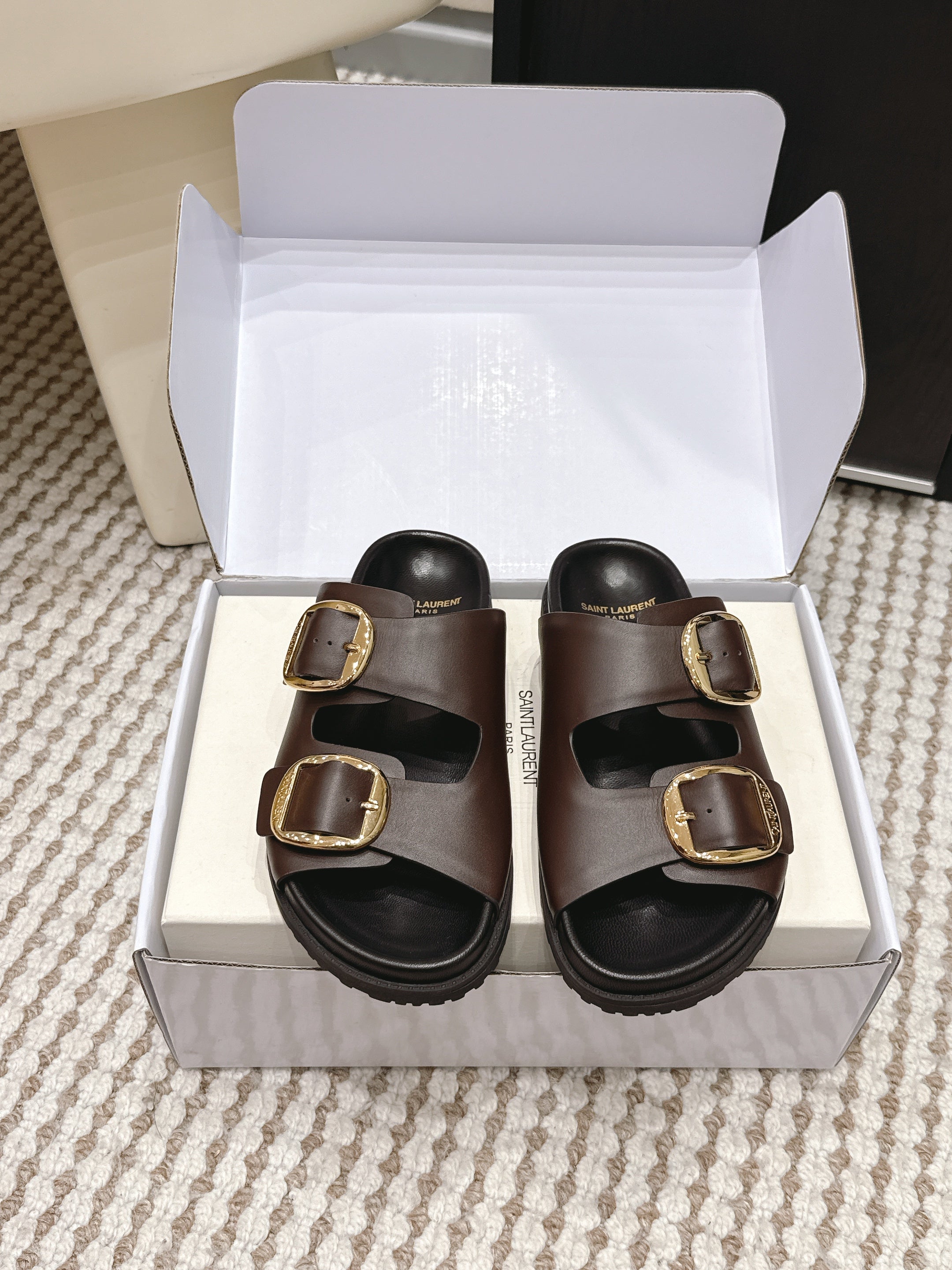 YSL 26ss Platform Slippers Black Dark Brown Sheepskin 663208