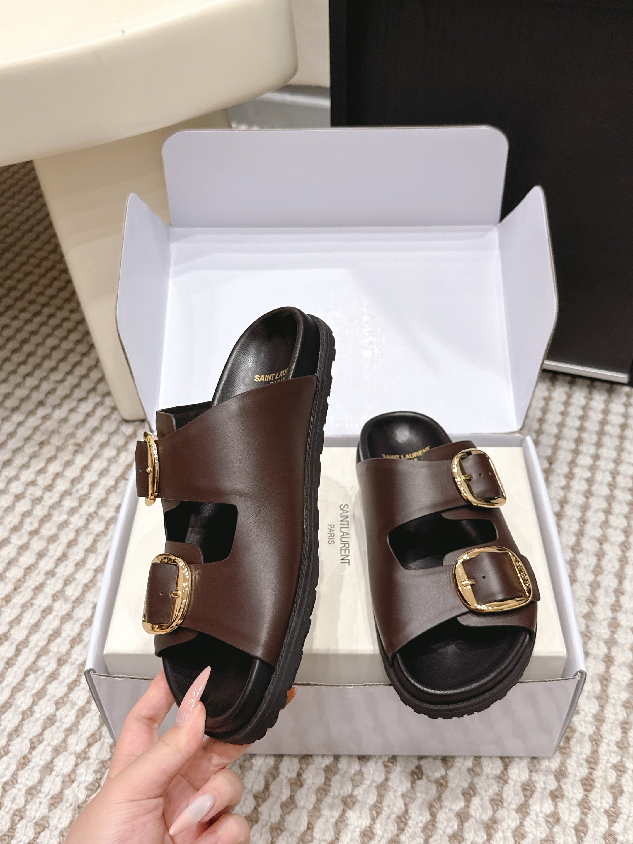 YSL 26ss Platform Slippers Black Dark Brown Sheepskin 663208