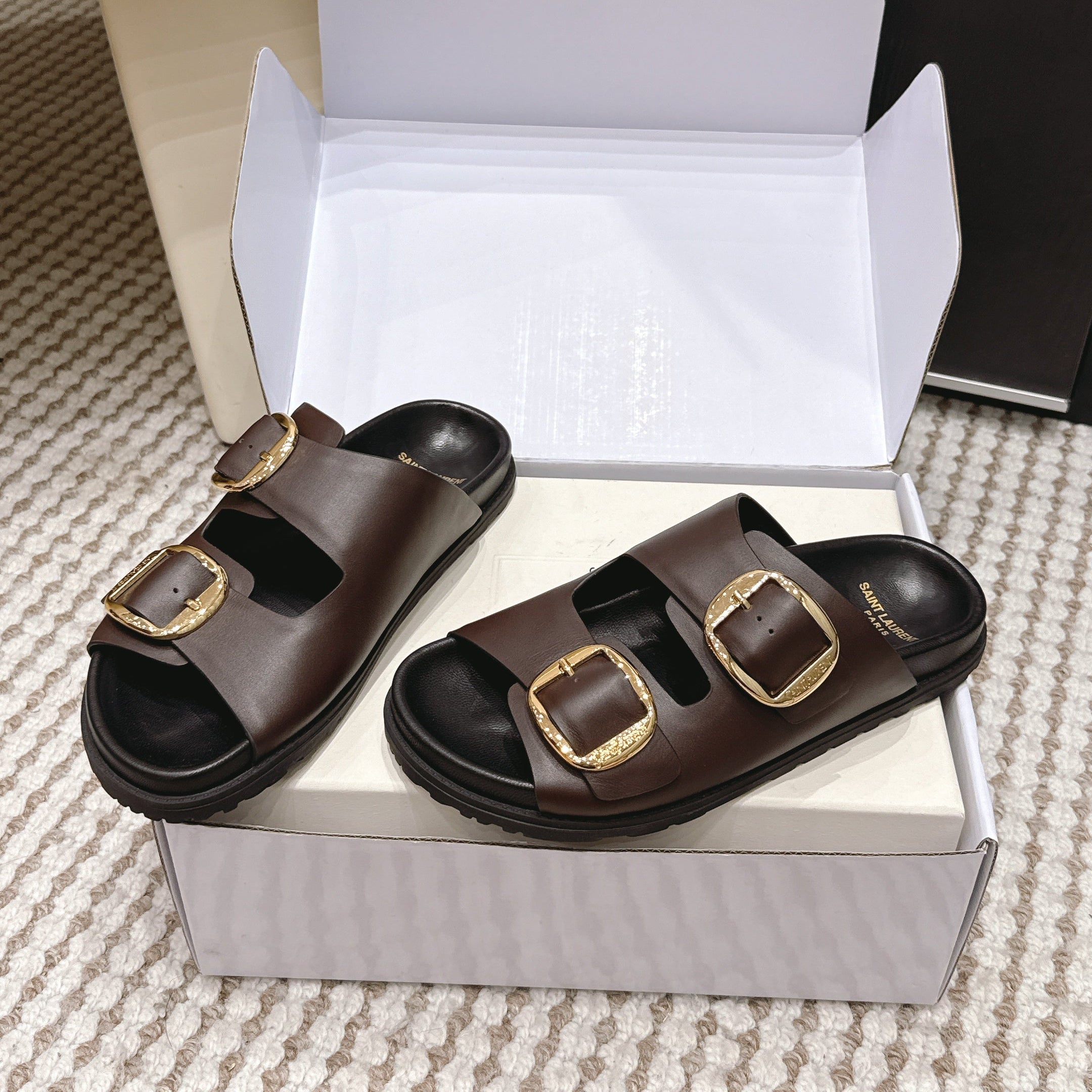 YSL 26ss Platform Slippers Black Dark Brown Sheepskin 663208