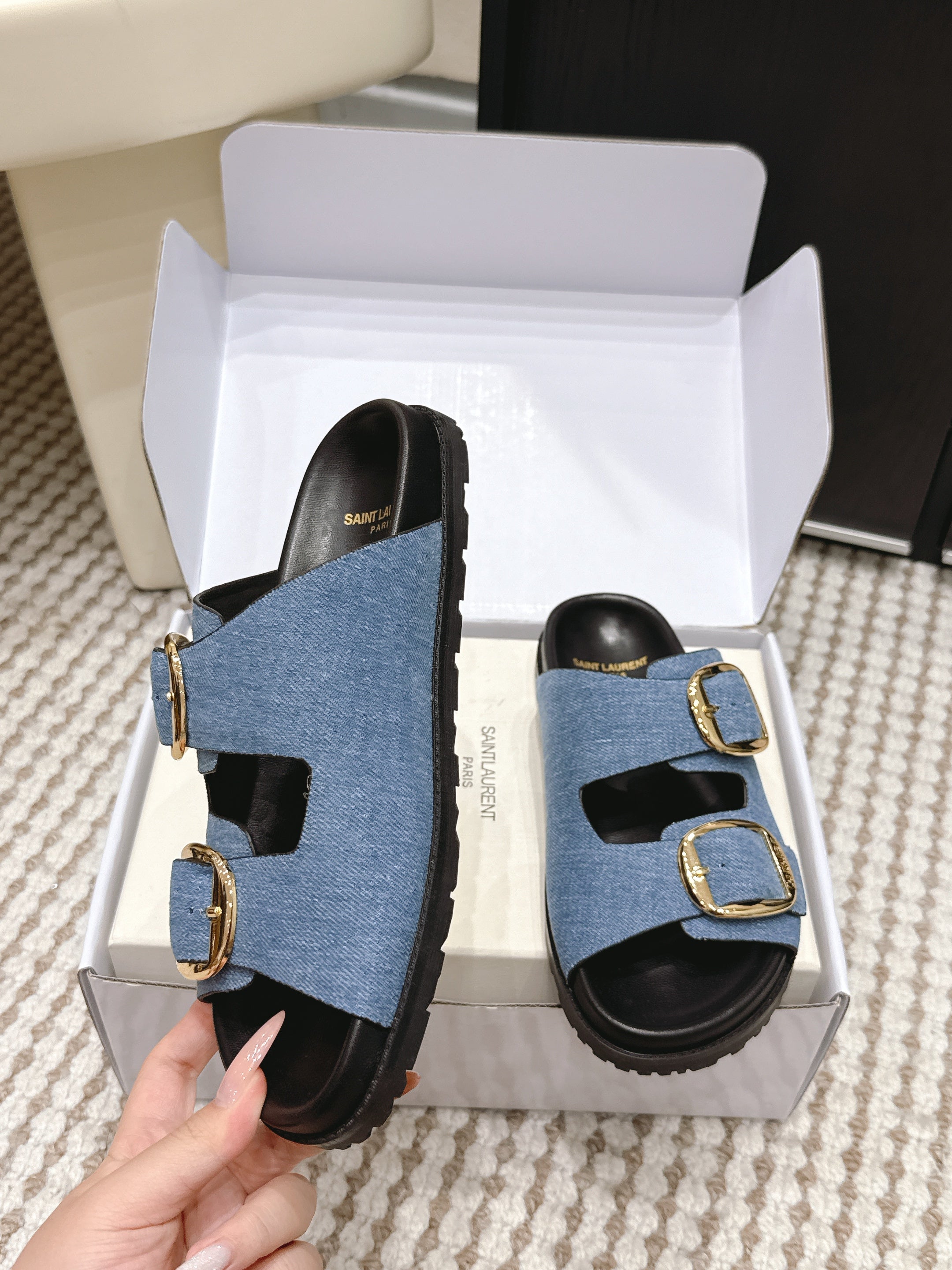 YSL 26ss Platform Slippers Black Blue Denim Leather 663209