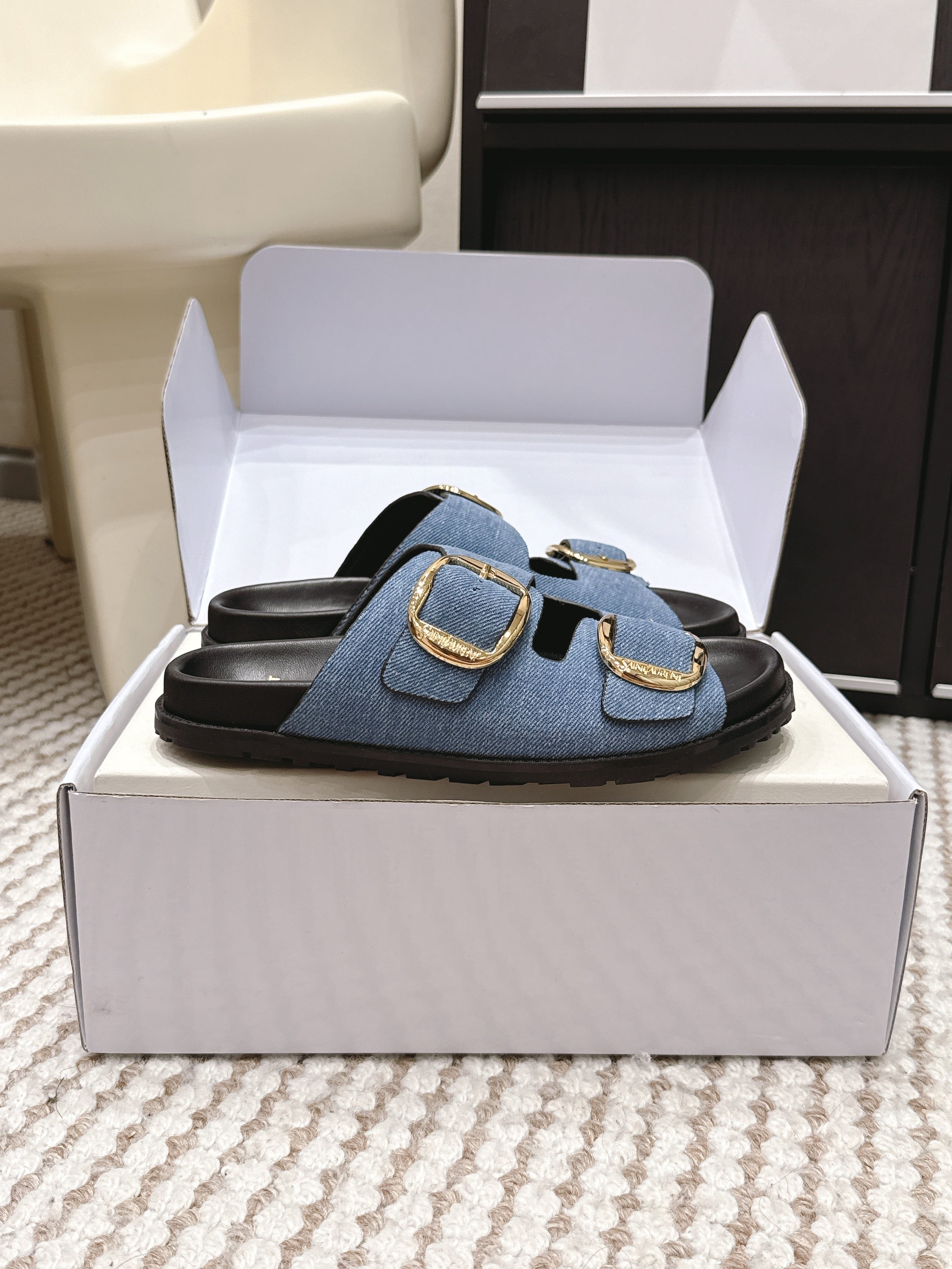 YSL 26ss Platform Slippers Black Blue Denim Leather 663209