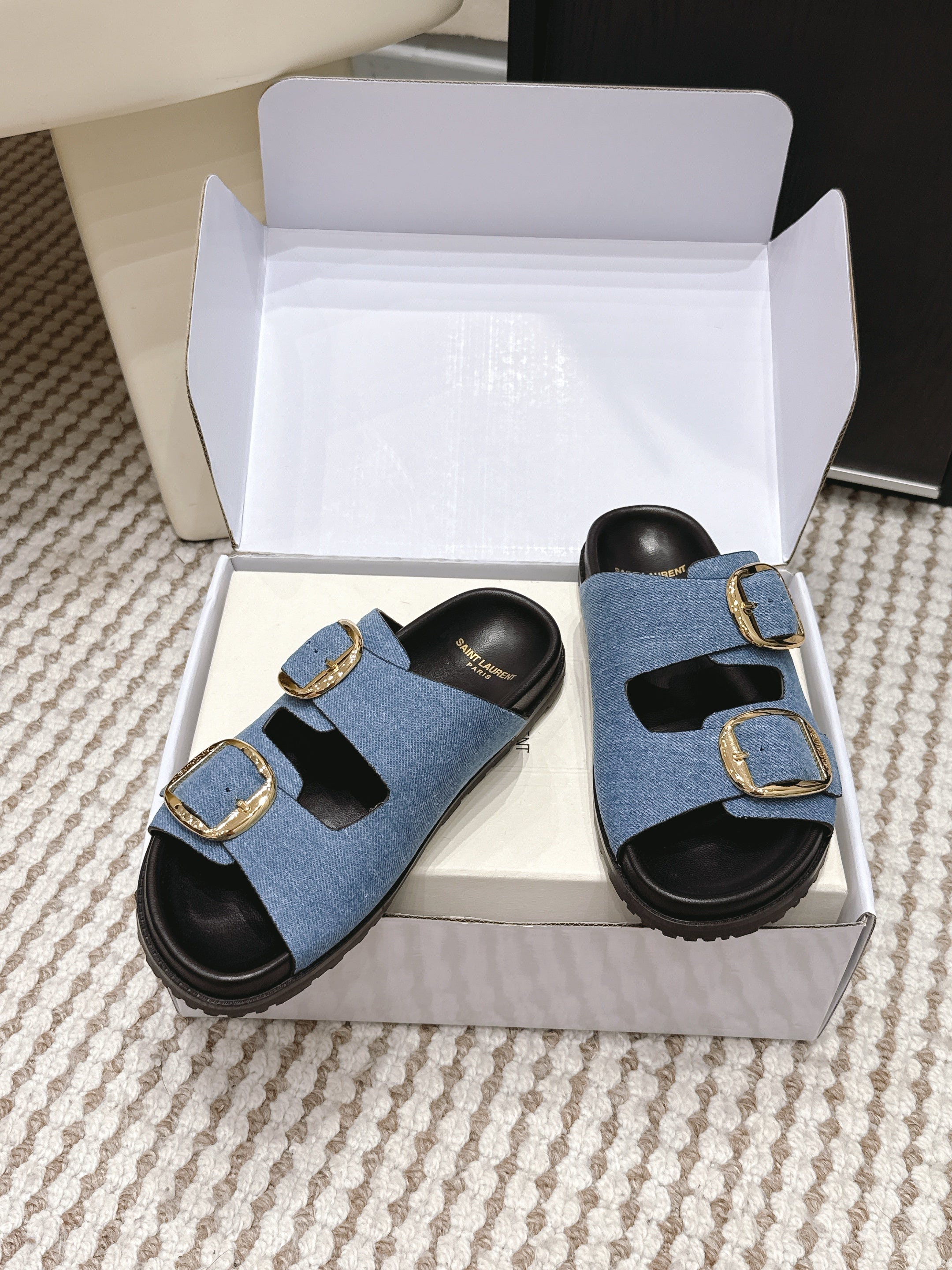 YSL 26ss Platform Slippers Black Blue Denim Leather 663209