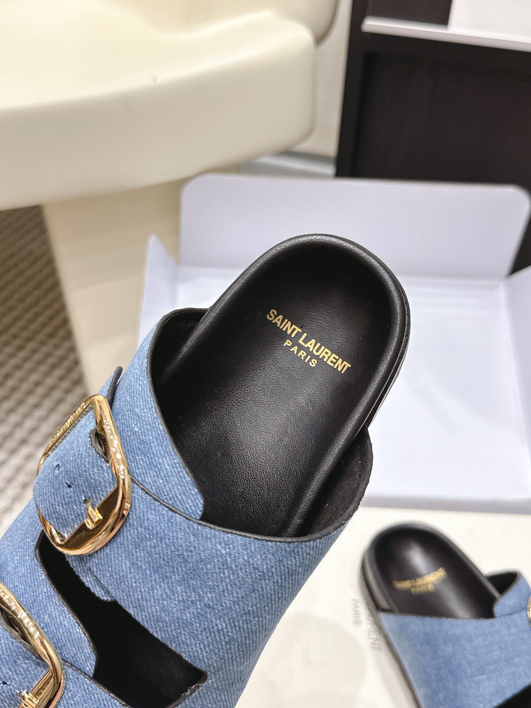 YSL 26ss Platform Slippers Black Blue Denim Leather 663209
