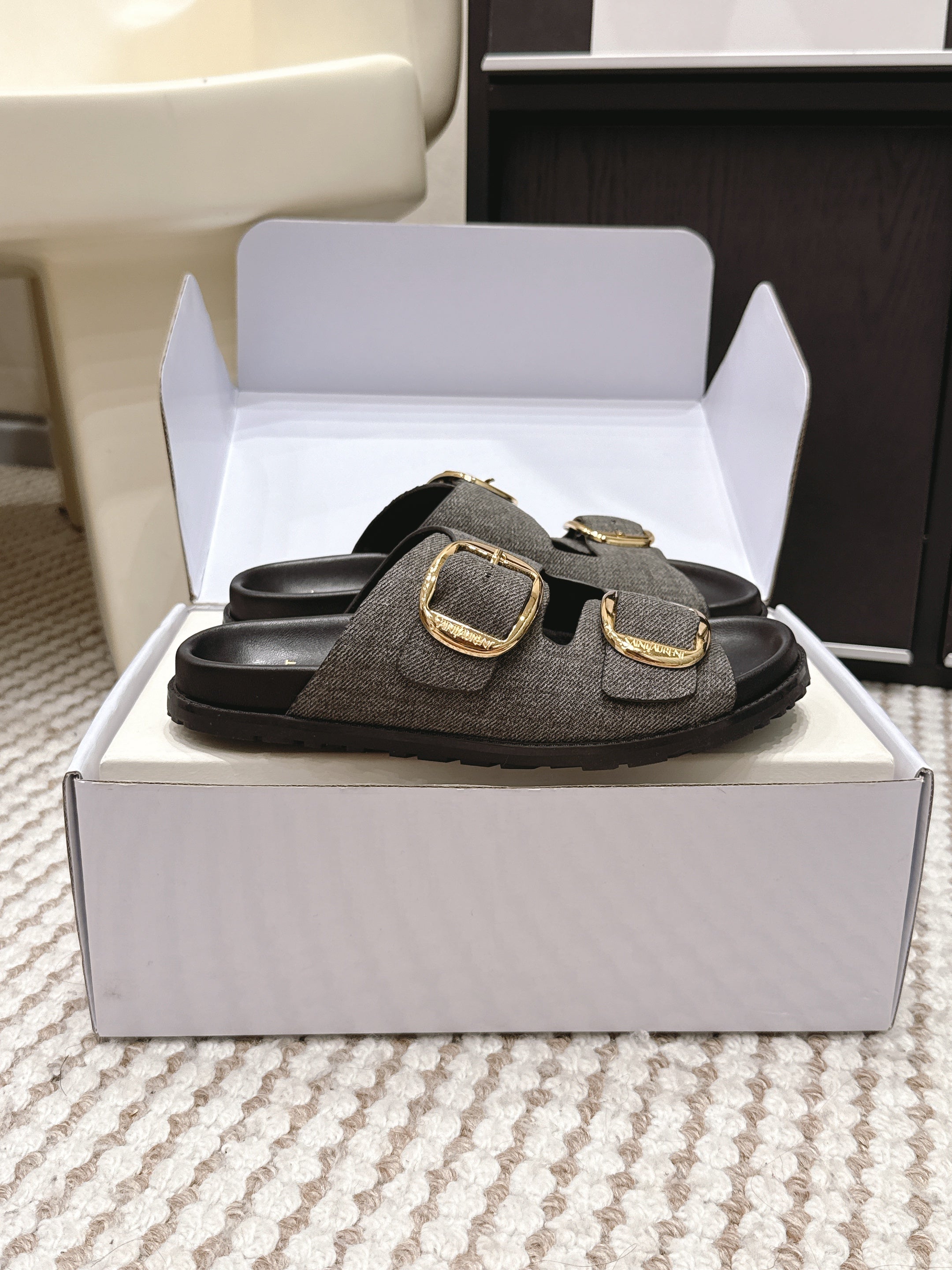 YSL 26ss Platform Slippers Black Gray Denim Leather 663210