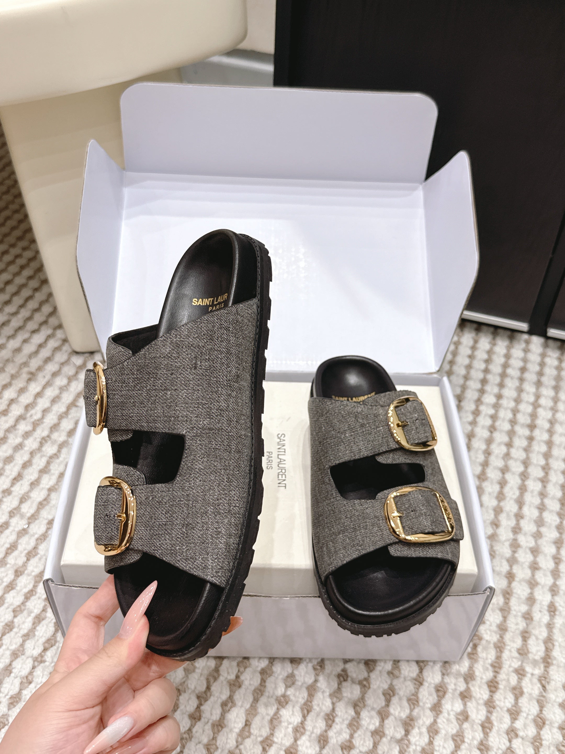 YSL 26ss Platform Slippers Black Gray Denim Leather 663210