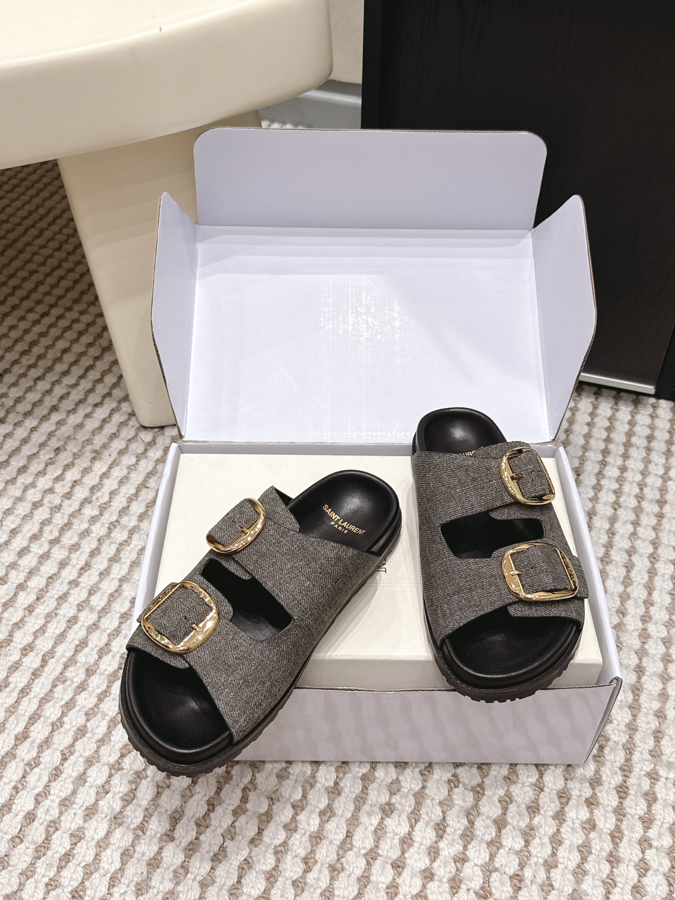 YSL 26ss Platform Slippers Black Gray Denim Leather 663210