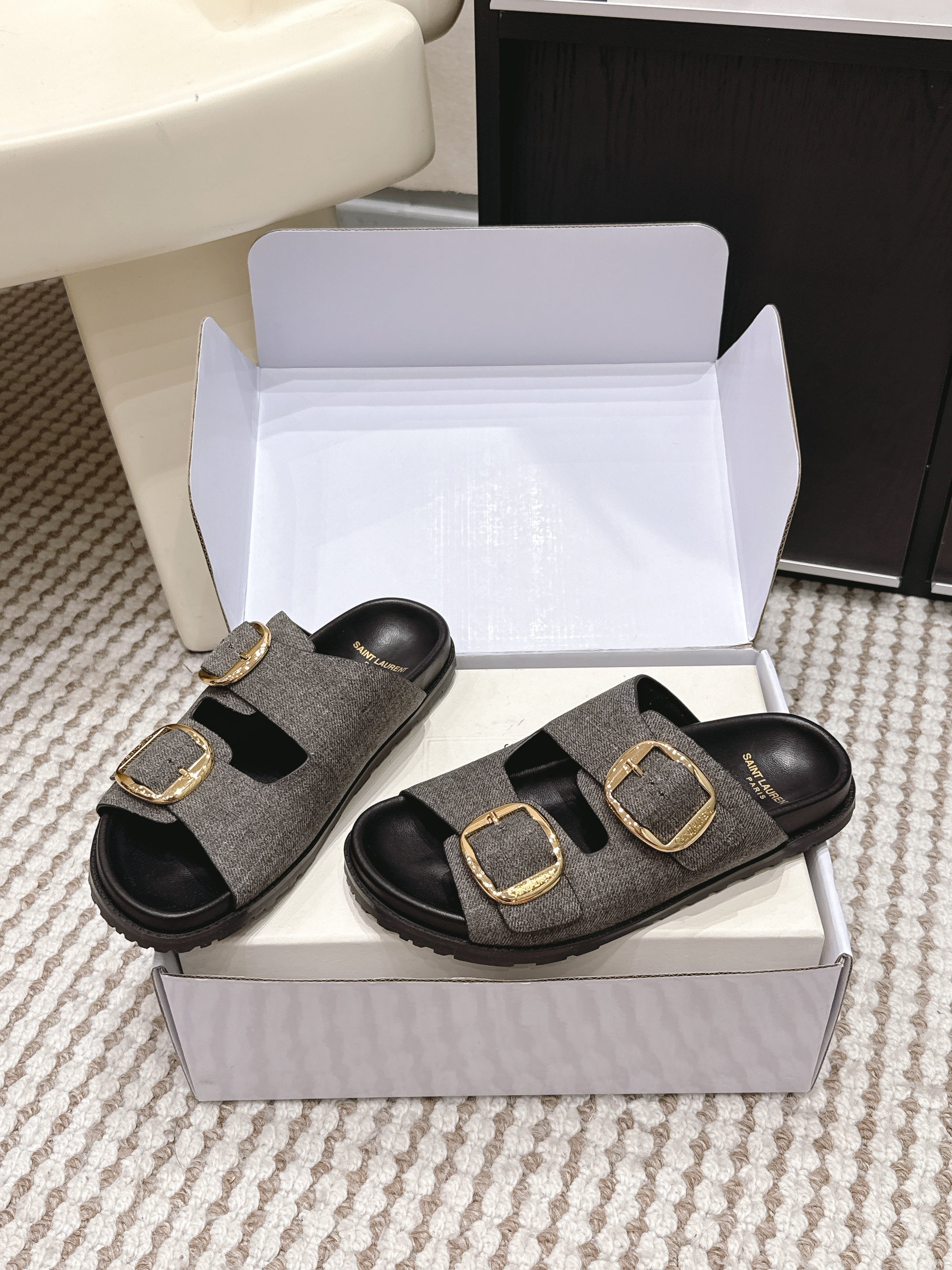 YSL 26ss Platform Slippers Black Gray Denim Leather 663210