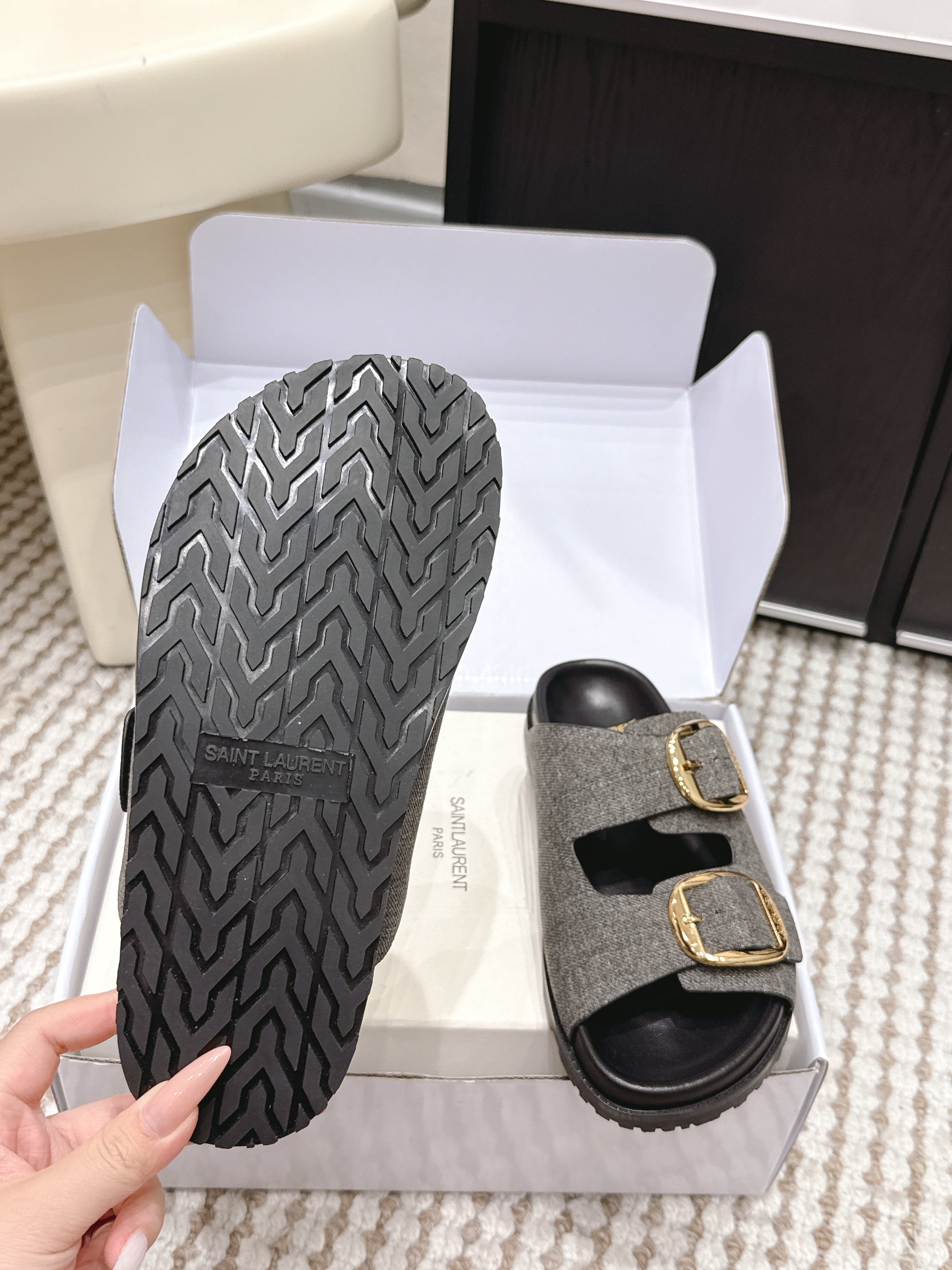 YSL 26ss Platform Slippers Black Gray Denim Leather 663210