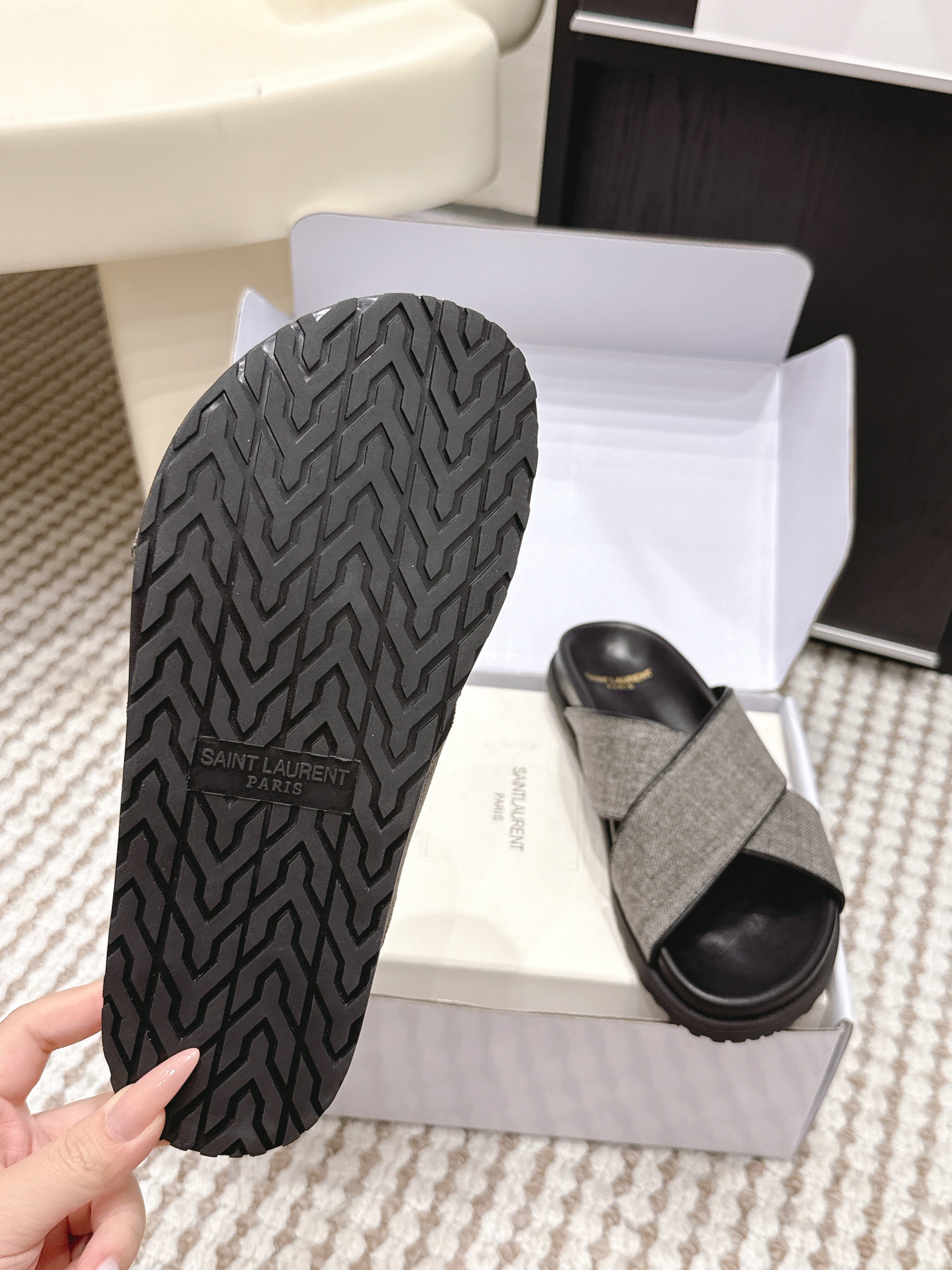 YSL 26ss Platform Slippers Black Gray Denim Leather 663216