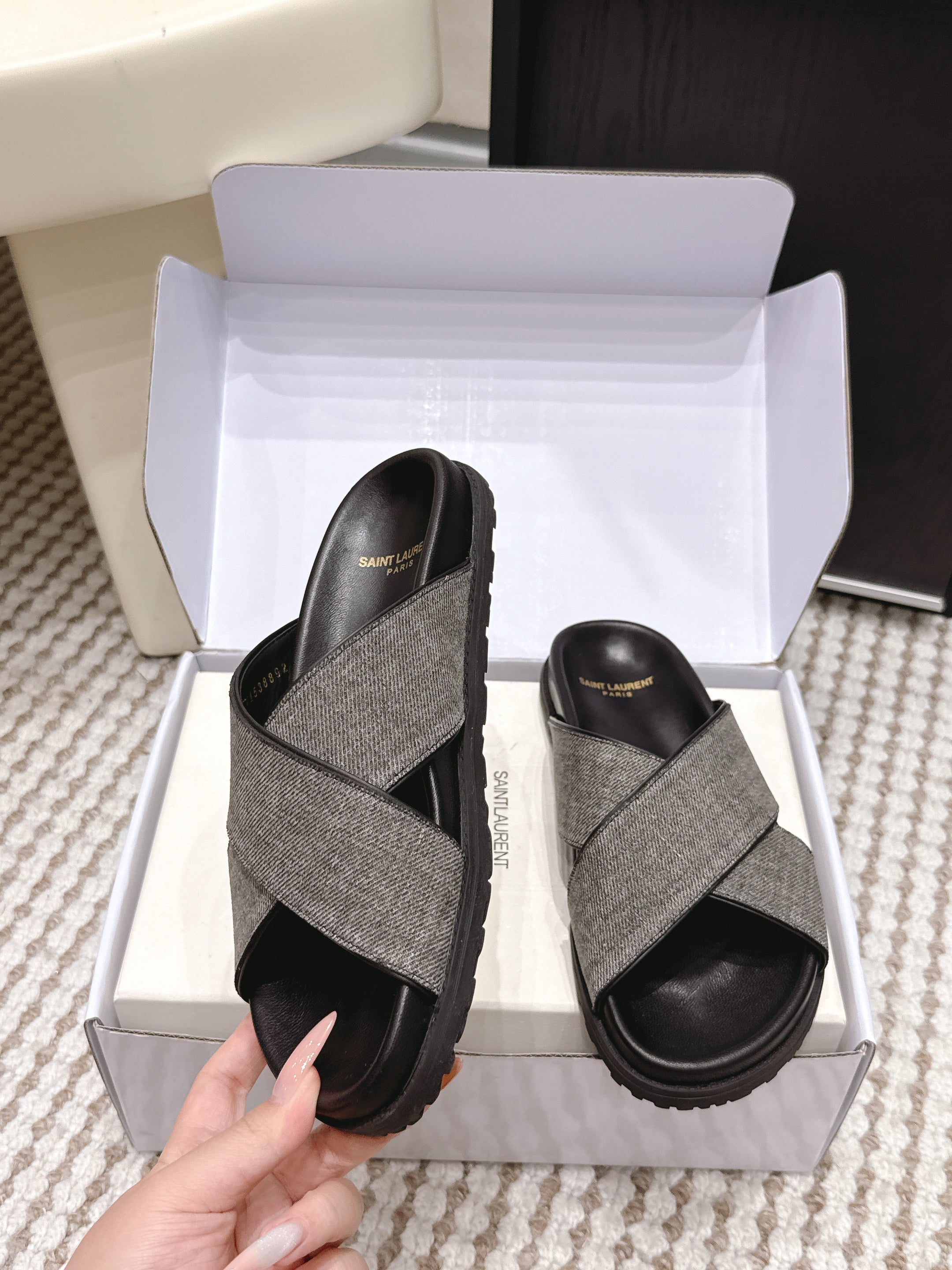 YSL 26ss Platform Slippers Black Gray Denim Leather 663216