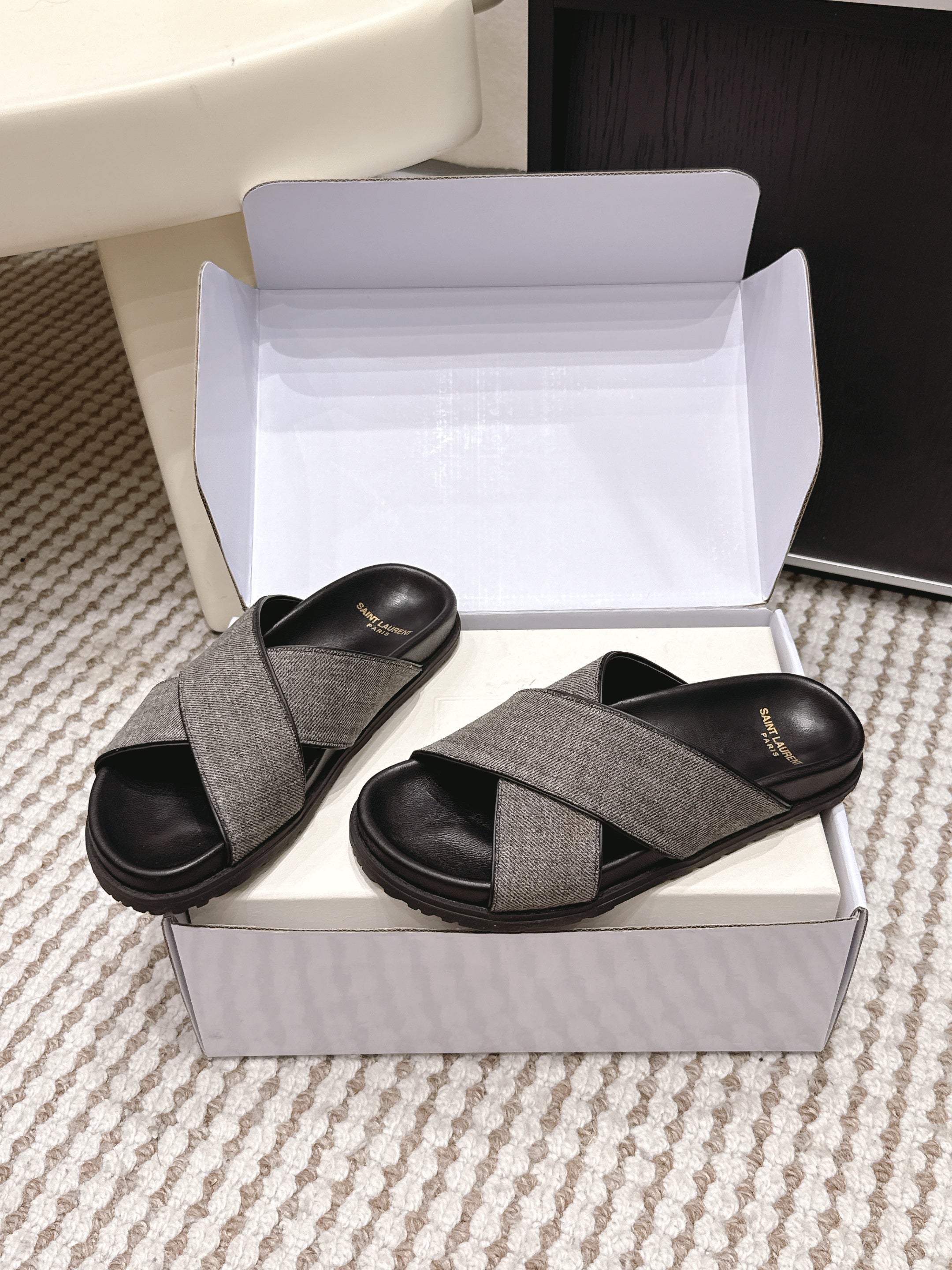 YSL 26ss Platform Slippers Black Gray Denim Leather 663216