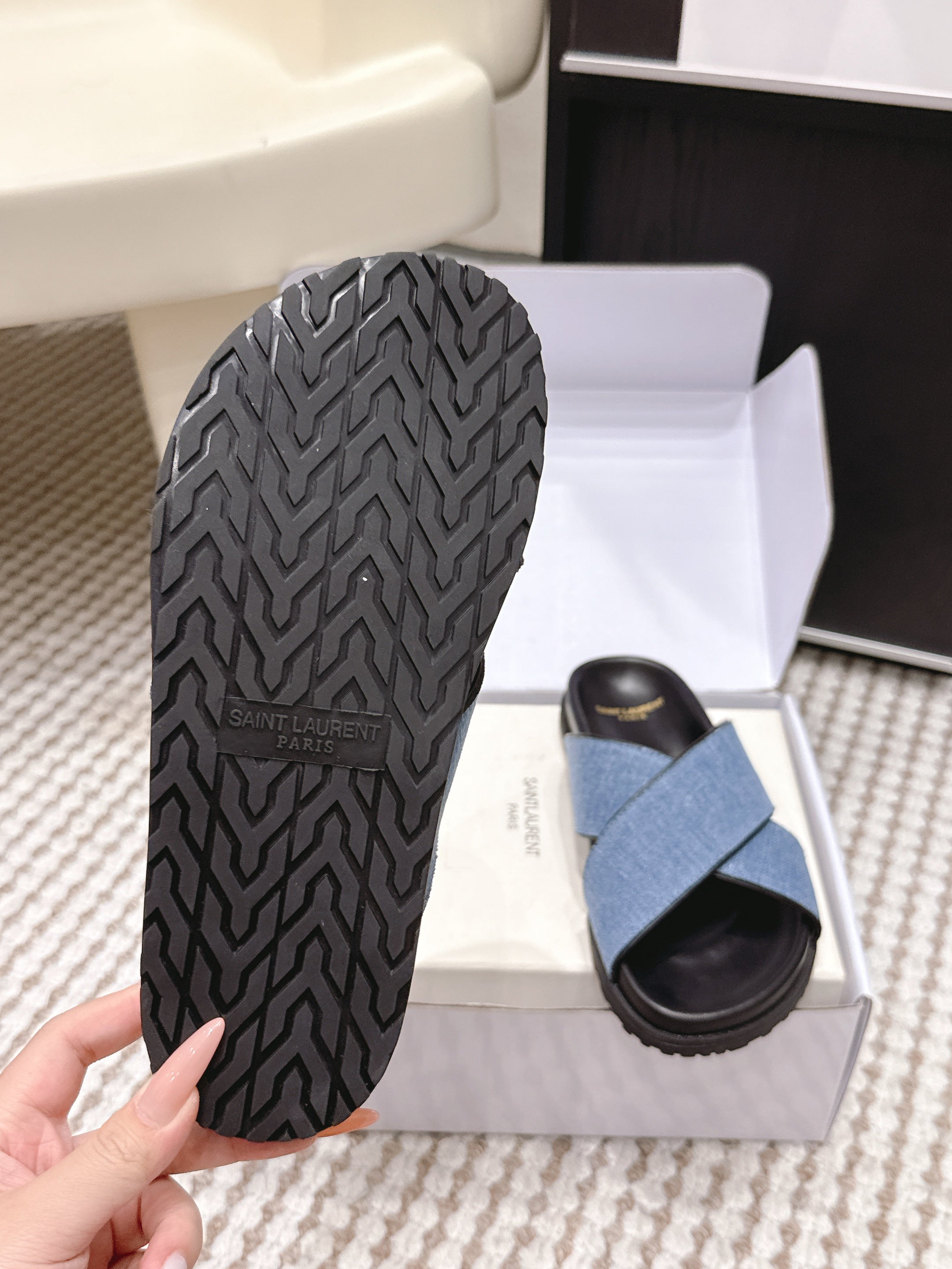 YSL 26ss Platform Slippers Black Blue Denim Leather 663217
