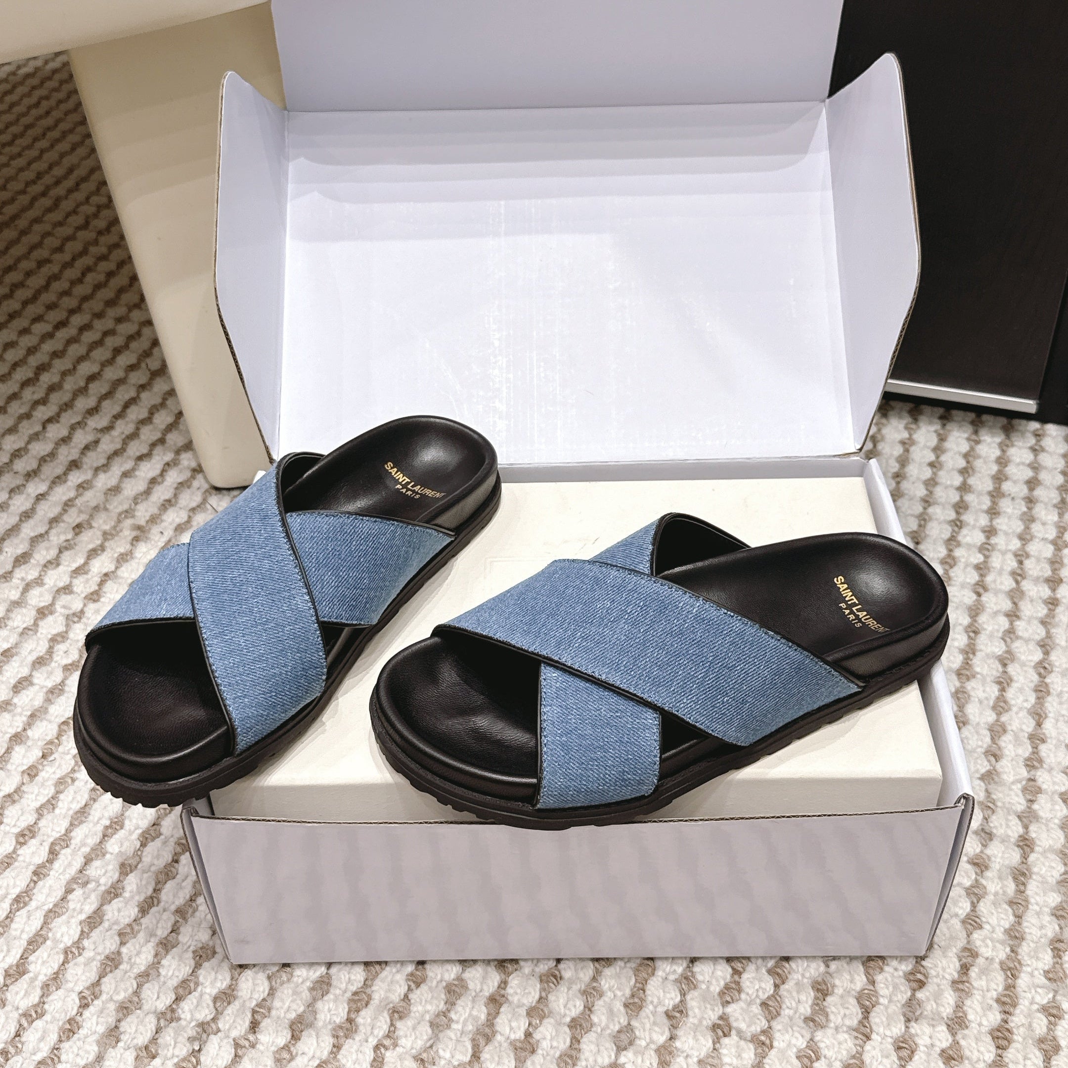 YSL 26ss Platform Slippers Black Blue Denim Leather 663217