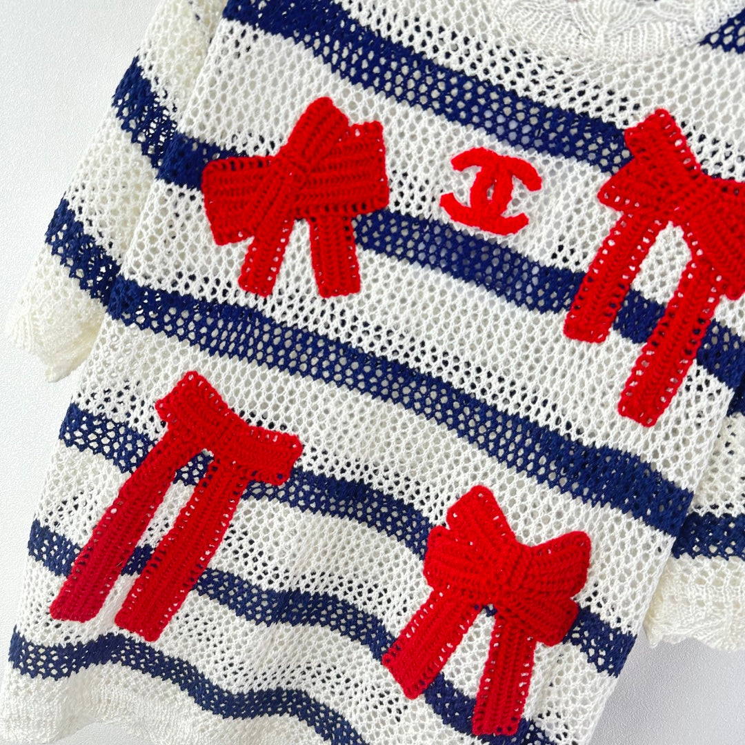Chanel 2026 Bow Striped Short Sleeved Shirt White Red Wool 360696