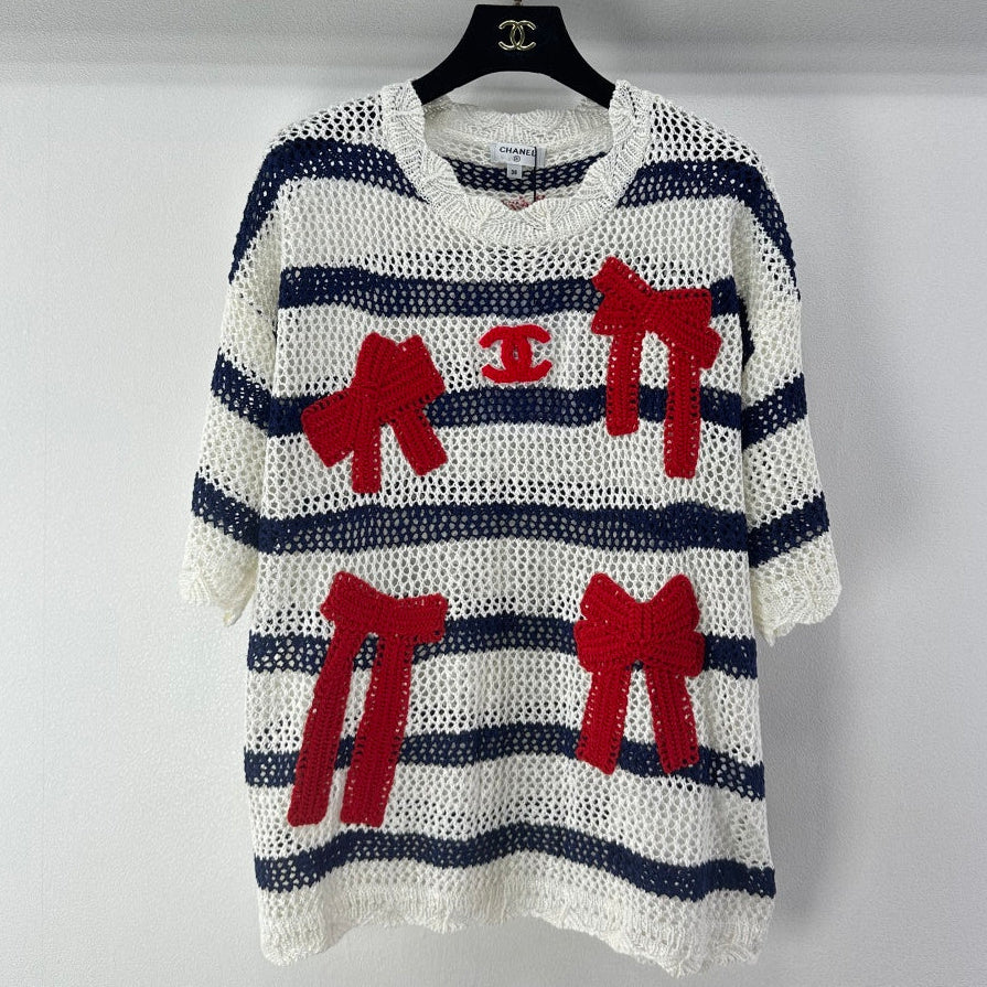 Chanel 2026 Bow Striped Short Sleeved Shirt White Red Wool 360696