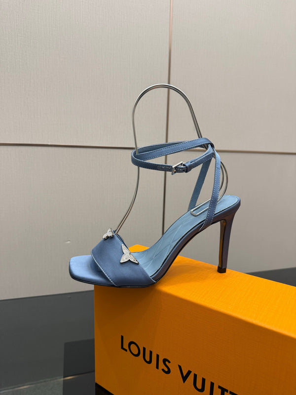 LV 26ss High Heeled Sandals 100 Light Blue Satin Leather 629623