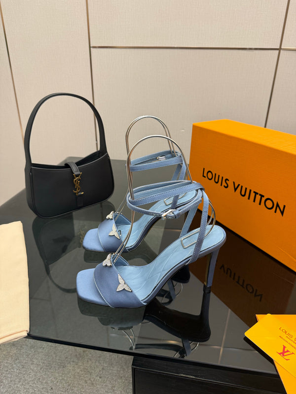 LV 26ss High Heeled Sandals 100 Light Blue Satin Leather 629623
