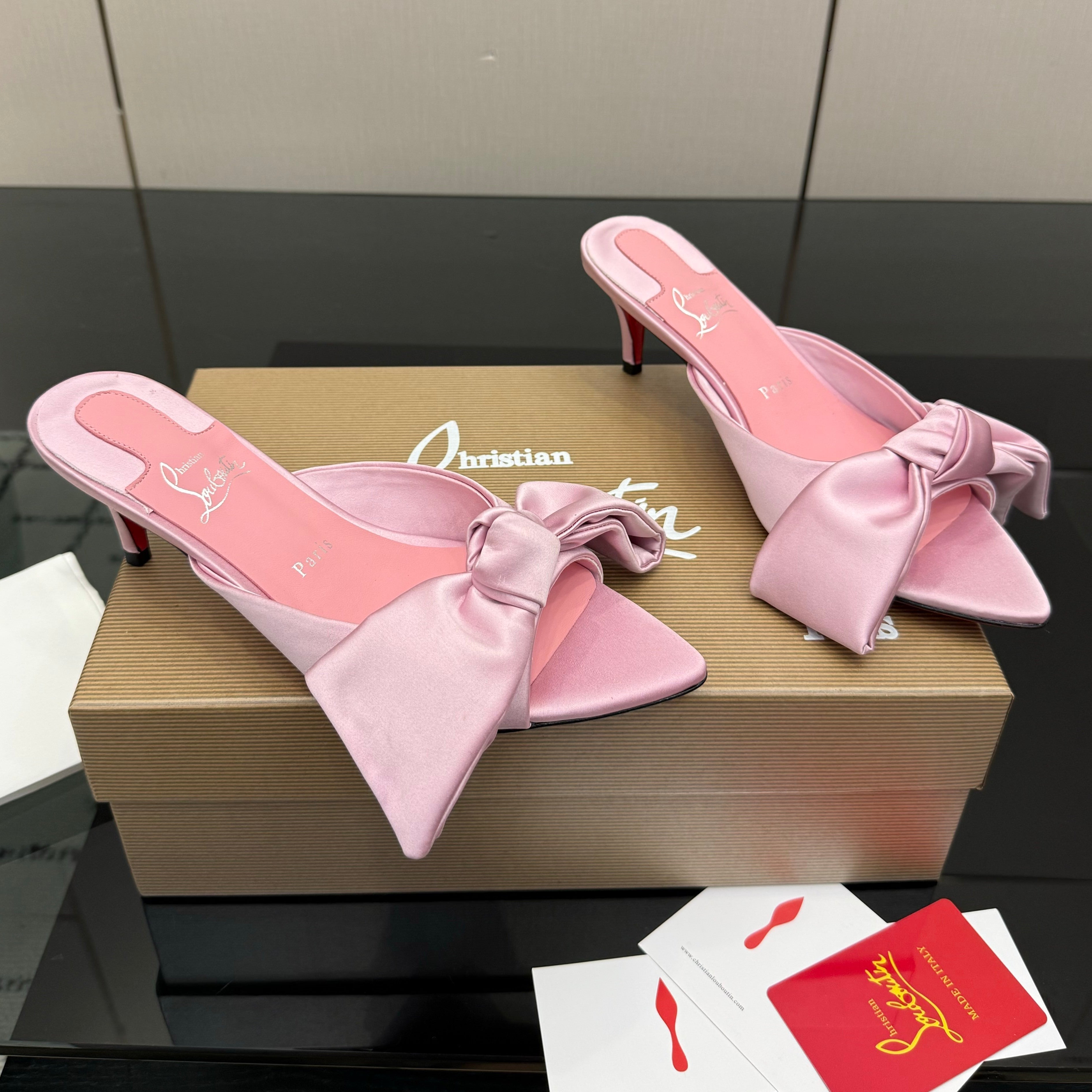Christian Louboutin 2026 Mulazee Bow-Detail Slide Sandals 60mm Satin 791575
