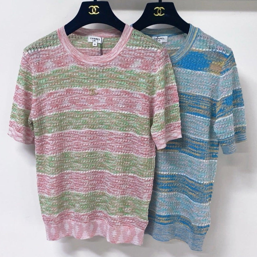 Chanel 2026 Striped Knit Short-Sleeve Sweater Wool 435128