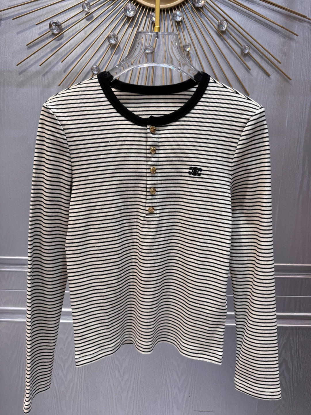 Celine 25  Striped Knitted Long-sleeved T-shirt White Black Cotton