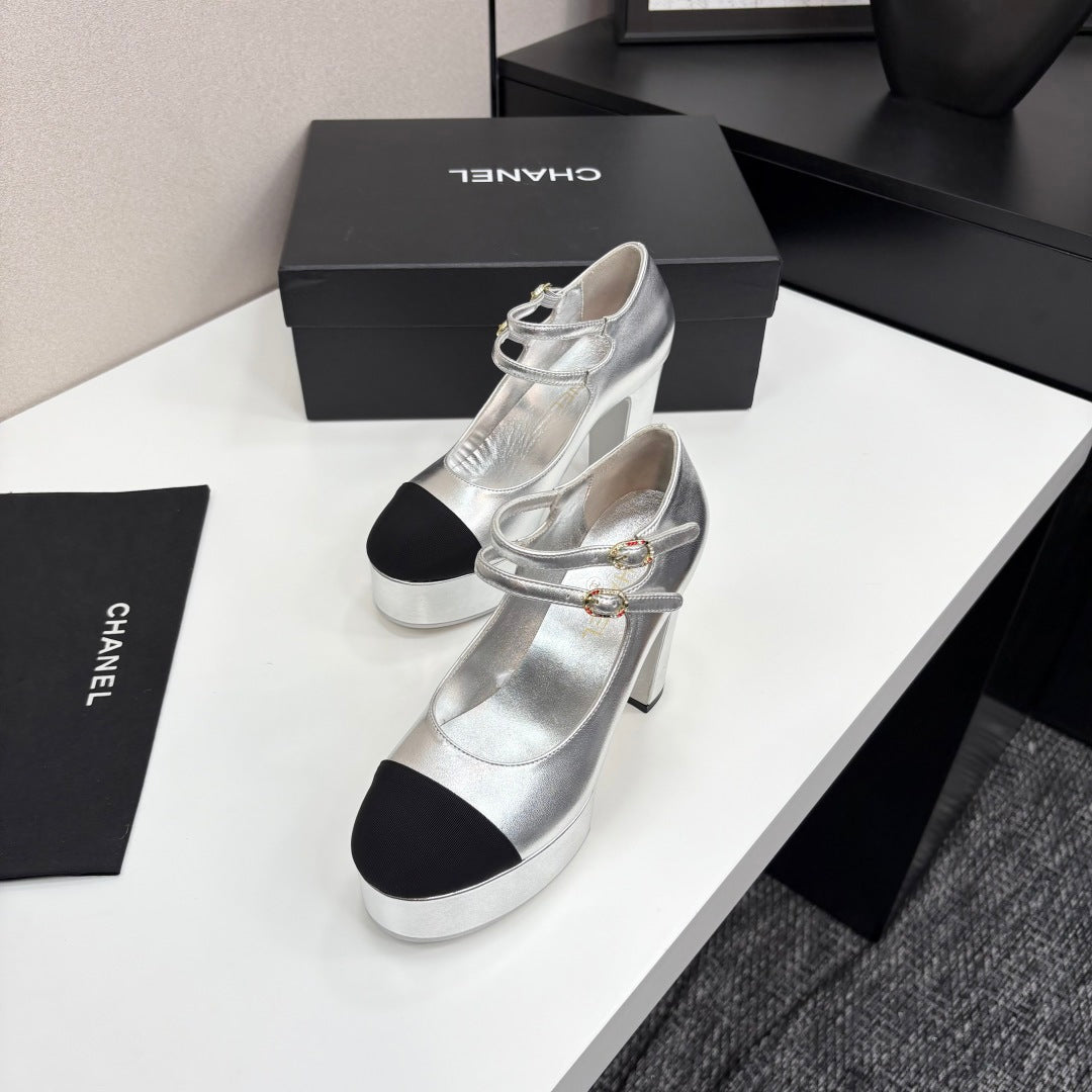 CC 25S Mary Jane Platform 11cm Silver Metalic Calfskin Grosgrain