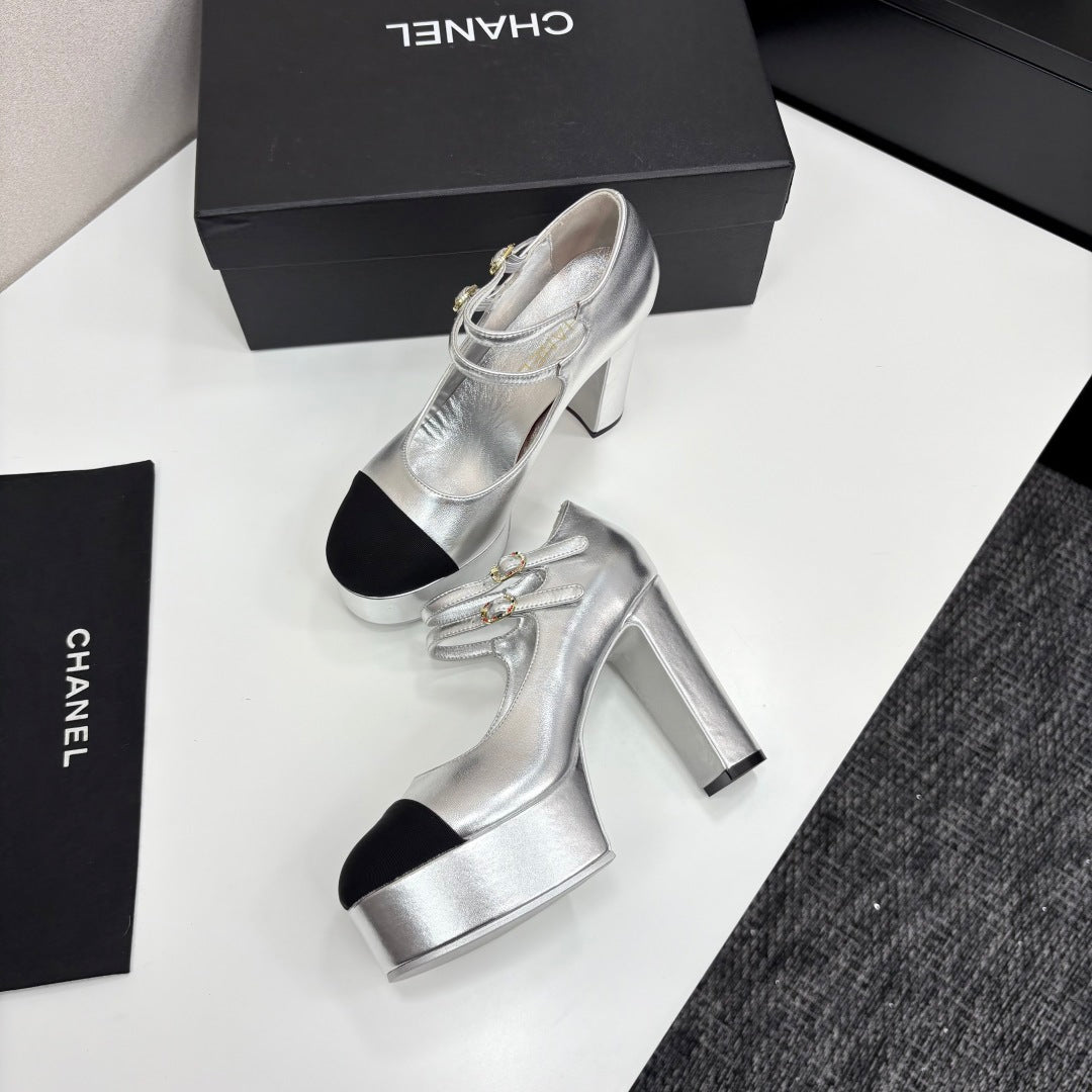CC 25S Mary Jane Platform 11cm Silver Metalic Calfskin Grosgrain
