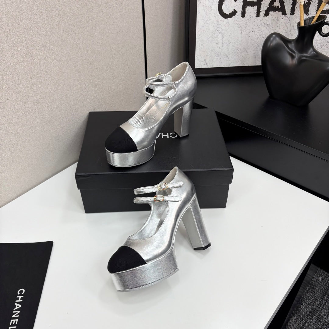 CC 25S Mary Jane Platform 11cm Silver Metalic Calfskin Grosgrain