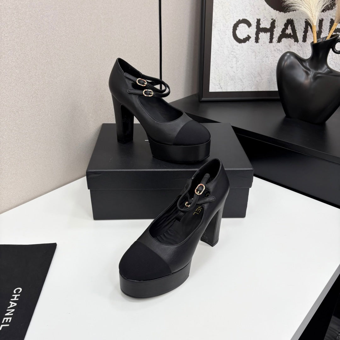 CC 25S Mary Jane Platform 11cm Black Calfskin Grosgrain