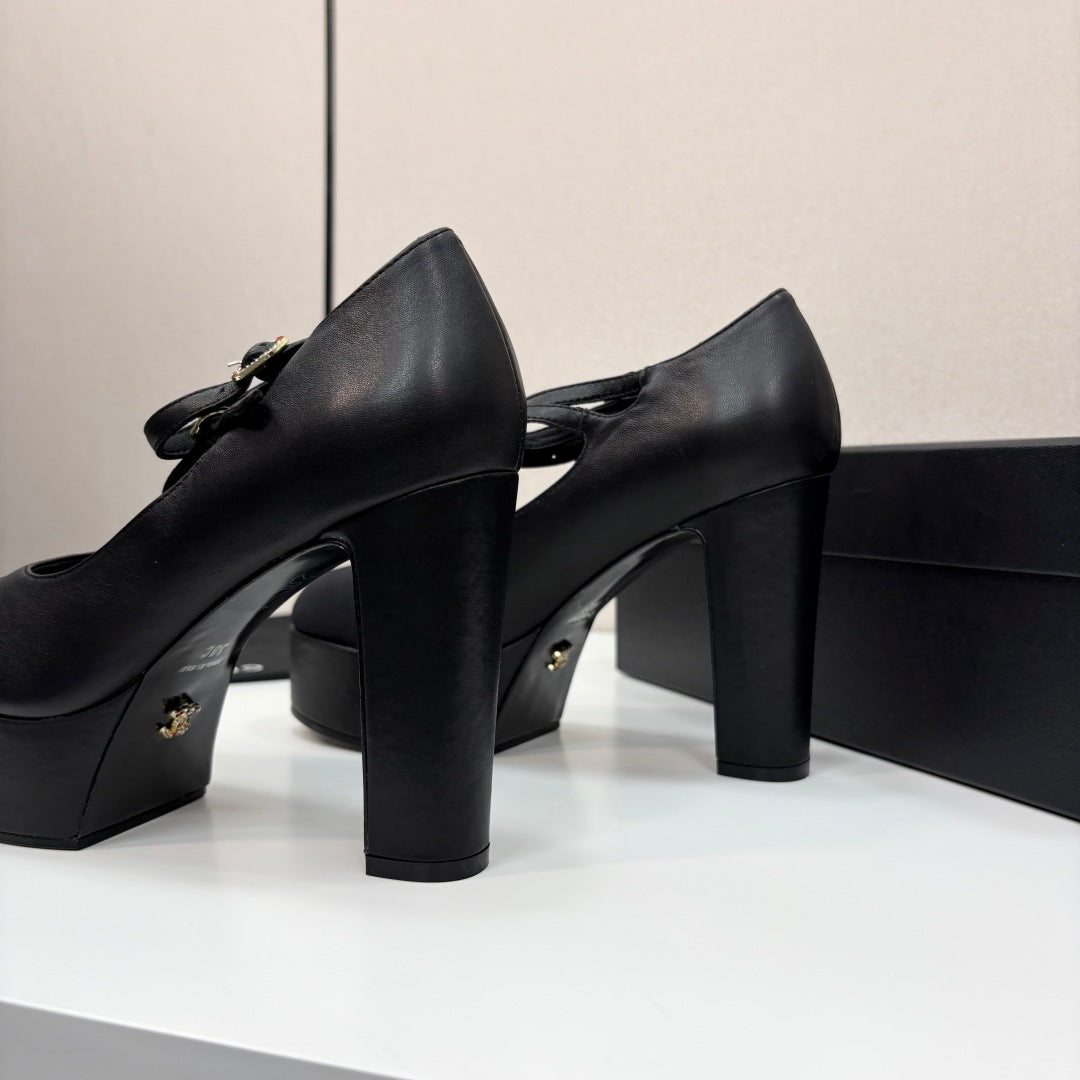 CC 25S Mary Jane Platform 11cm Black Calfskin Grosgrain