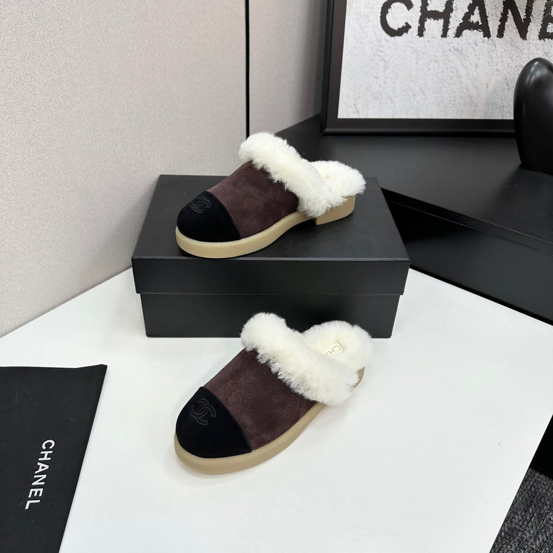 CC furry mule dark brown black suede and wool 532572