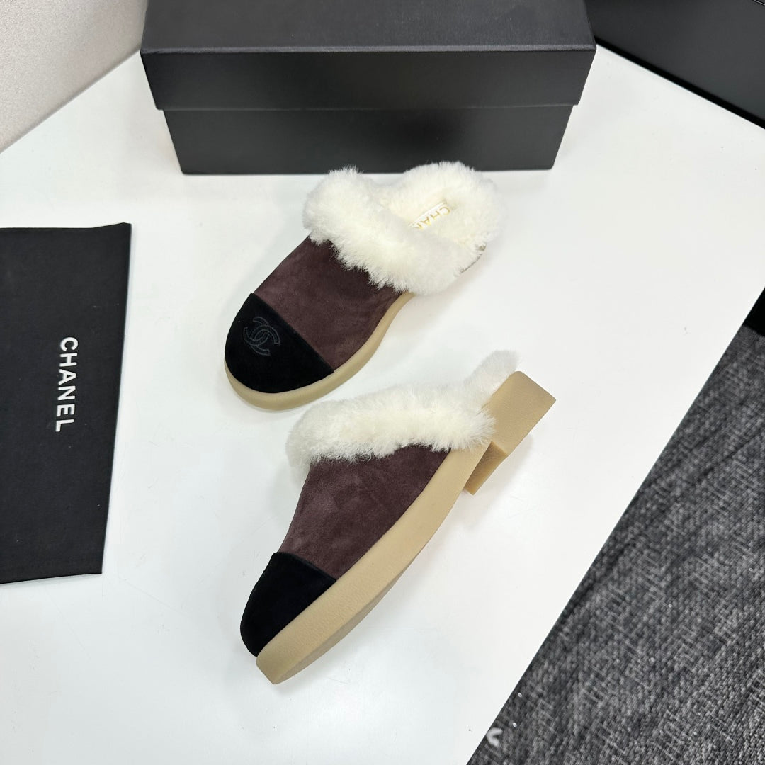 CC furry mule dark brown black suede and wool 532572