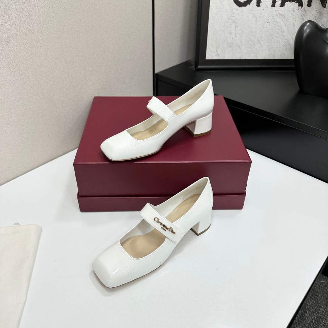 Dior 2026 Square Toe Velcro Chunky Heel Mary Jane Shoes 50mm Patent Leather