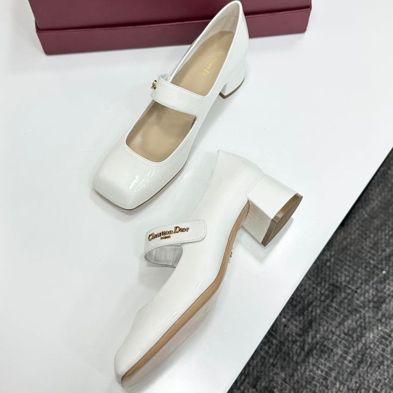 Dior 2026 Square Toe Velcro Chunky Heel Mary Jane Shoes 50mm Patent Leather