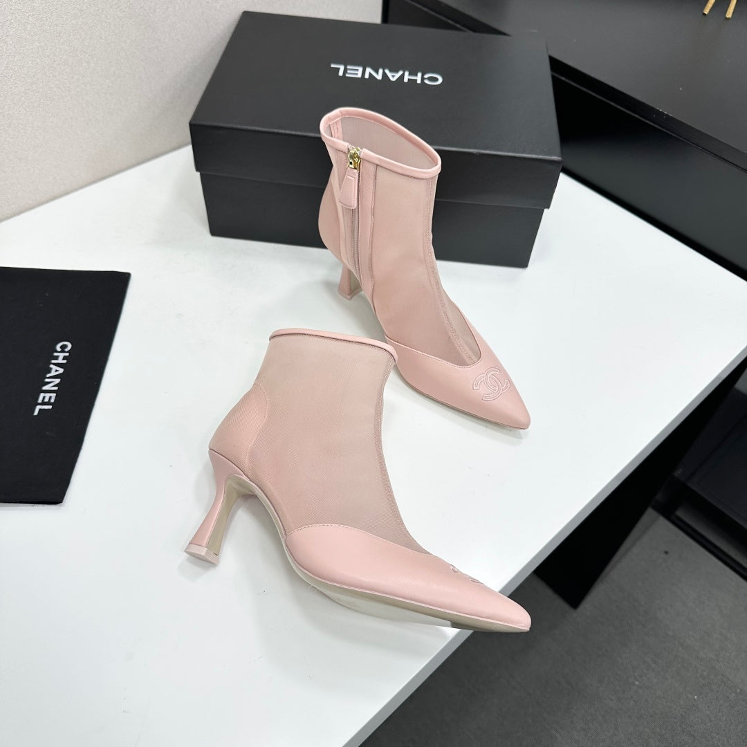 Chanel 2026 Pointed Toe Ankle Boots 80mm Mesh Suede Cowhide 985779