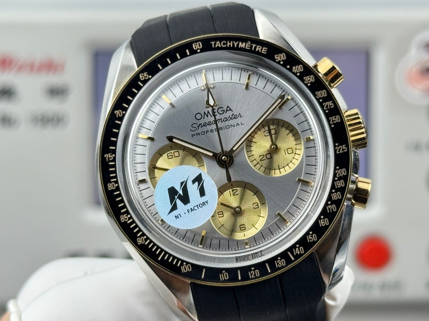 Omega Speedmaster Moonwatch Professional 42mm Silver Gold Dial Black Rubber