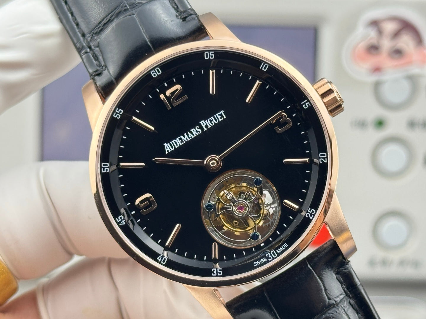 Audemars Piguet Code 11.59 Selfwinding Flying Tourbillon Rose Gold Case Black Dial Leather Strap