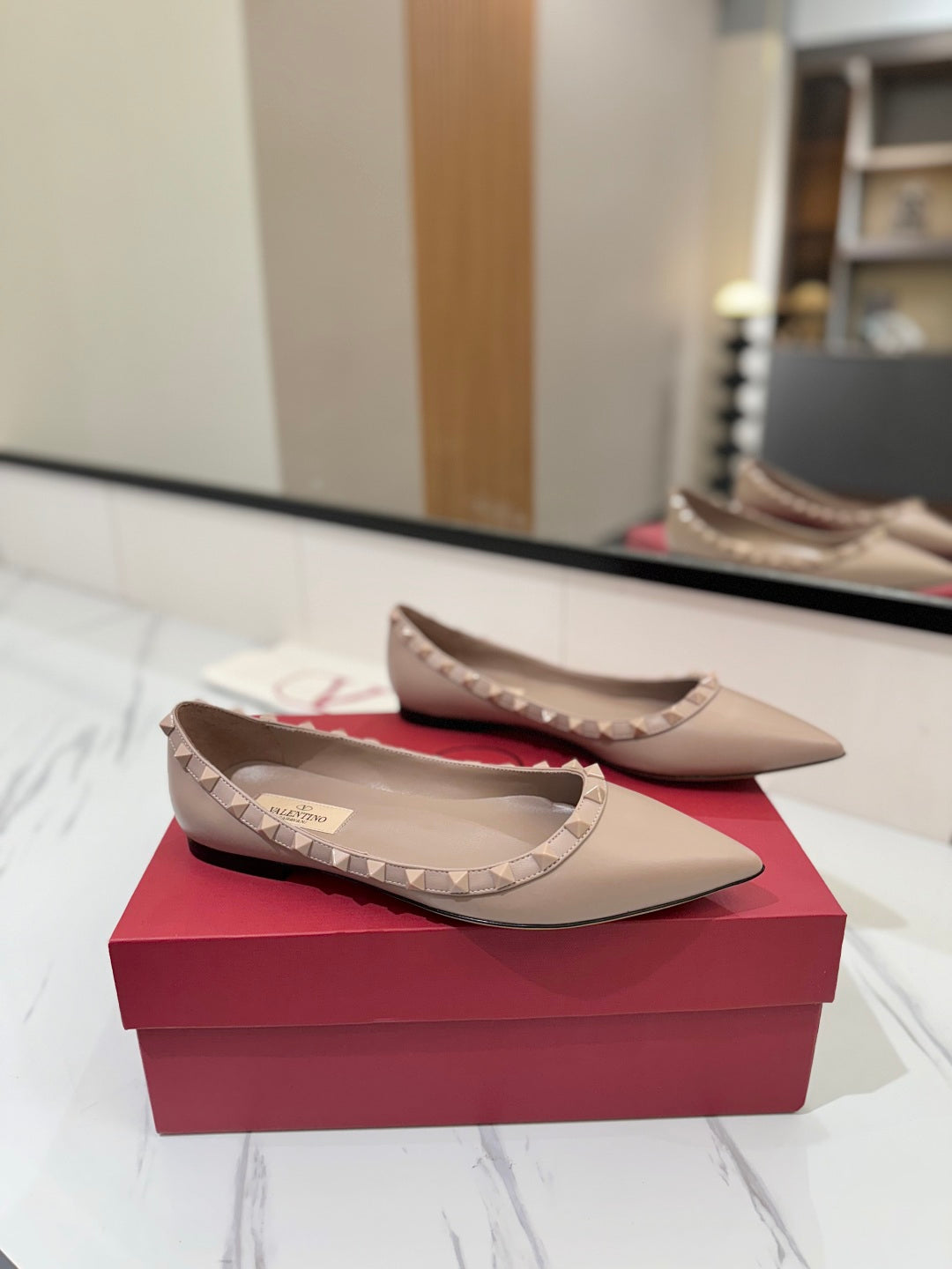 VT Rockstud Ballet Flat Nude Goatskin