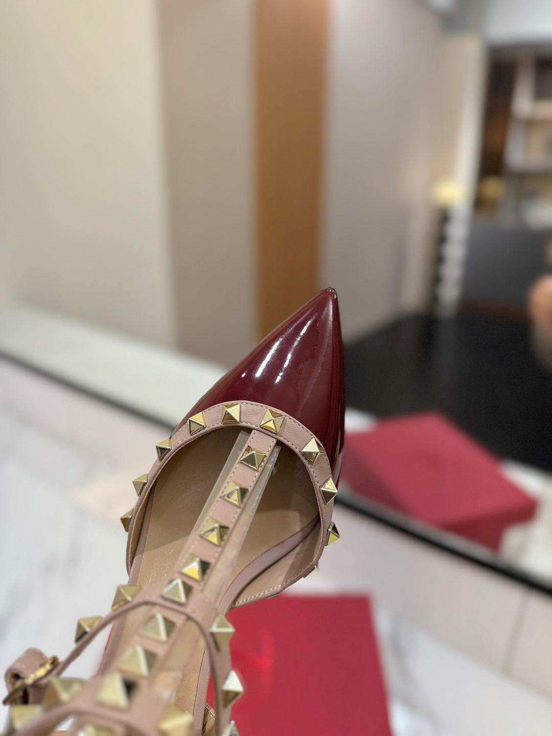 VT Classic Ankle-Wrap Studded Sandal Red Patent Leather Goatskin 351811