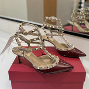 VT Classic Ankle-Wrap Studded Sandal Red Patent Leather Goatskin 351811