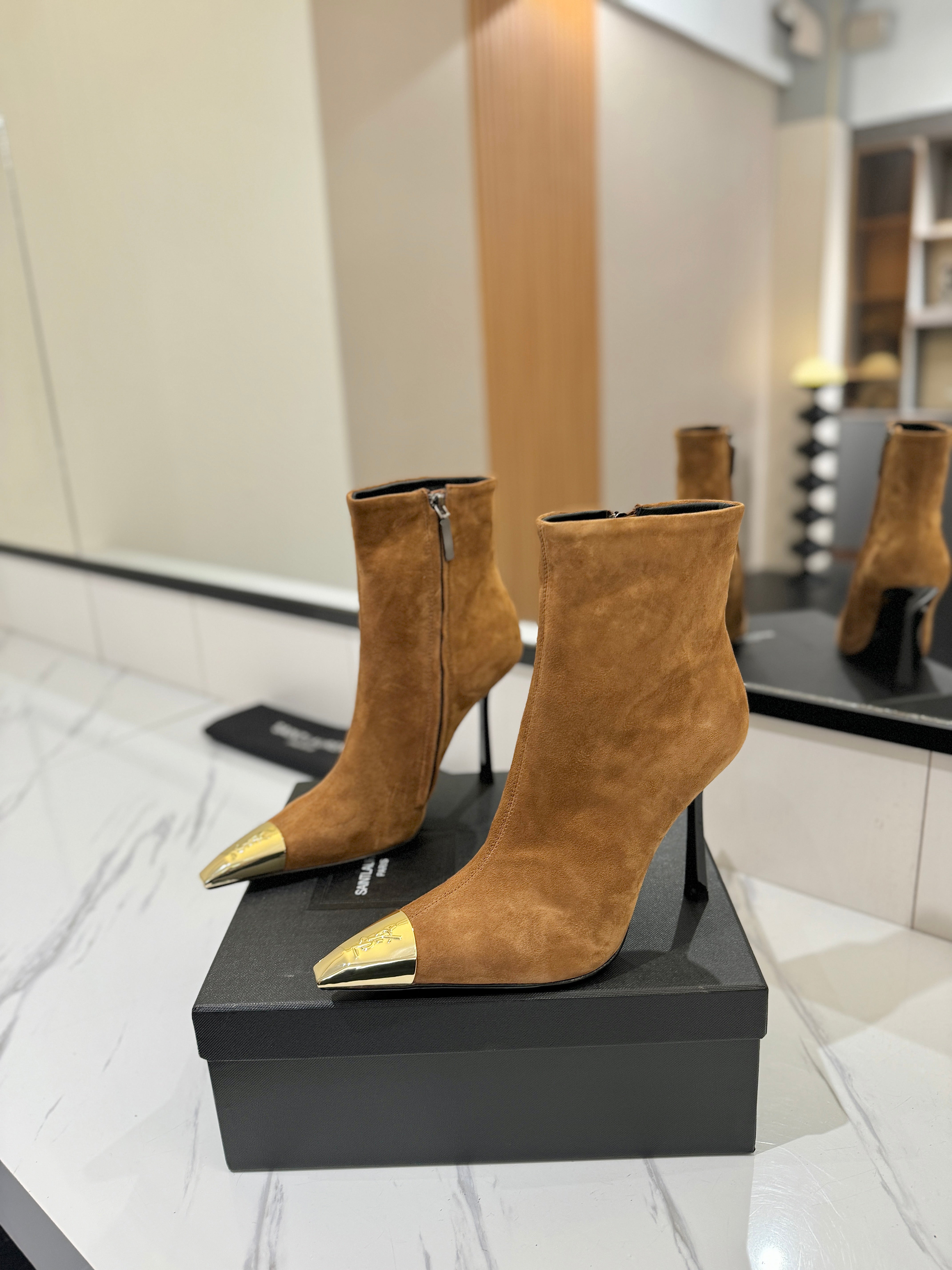 YSL 25 Metal Toe Short Boot Brown Gold Suede 520786