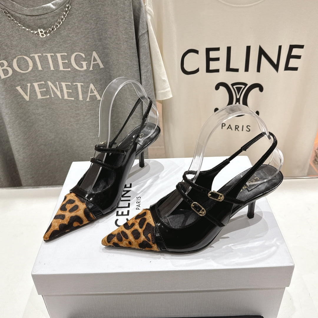 Celine 25C Judy Double Strap Mary Jane Slingback Black mix Brown  Sheepskin 236777