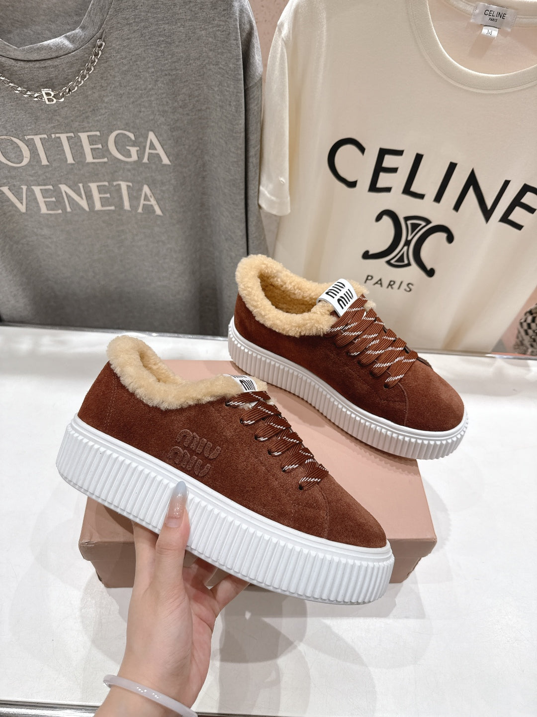 MiuMiu 25 Sneaker Brown  Beige Suede Fur 535589