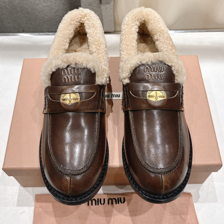 MiuMiu 25 Fur Loafer Brown mix Beige Cowhide 535595