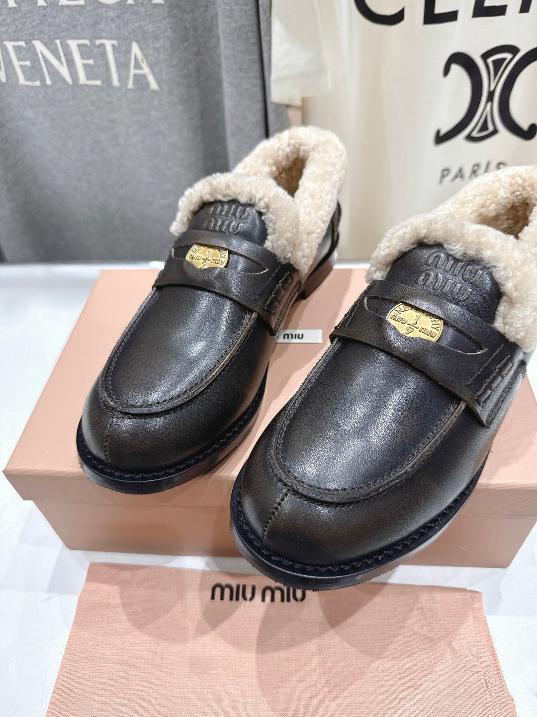 MiuMiu 25 Fur Loafer Dark Brown mix Beige Cowhide 535596