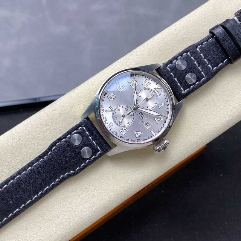 IWC Big Pilot 46mm Silver Dial Steel Case Black Leather Strap