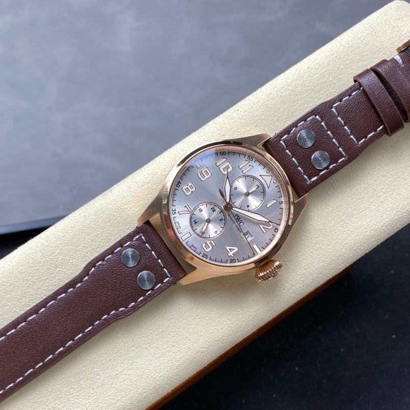 IWC Big Pilot 46mm Gray Dial Pink Gold Case Brown Leather Strap
