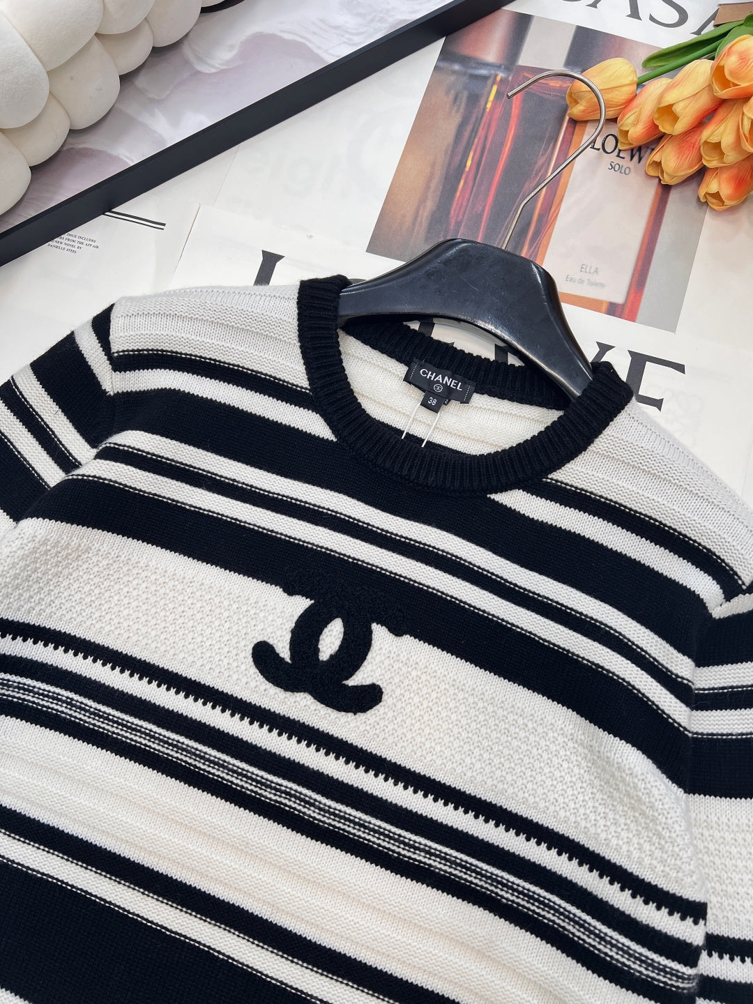 CC 26 Striped Plush Letter Knit Sweater Black White Wool 785169