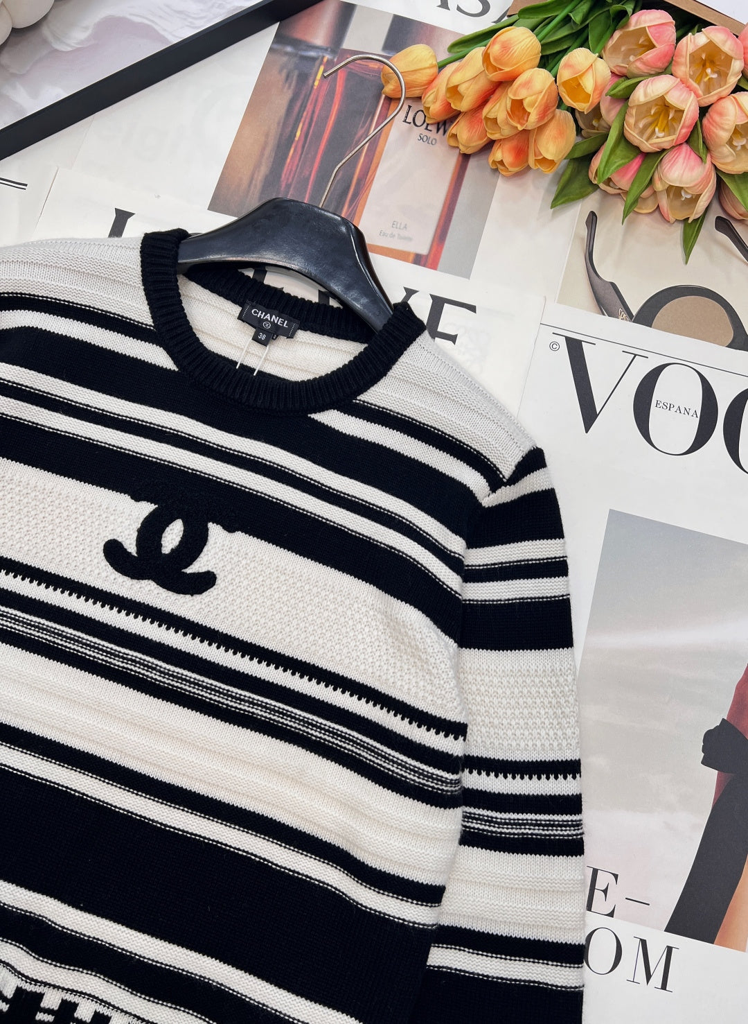 CC 26 Striped Plush Letter Knit Sweater Black White Wool 785169
